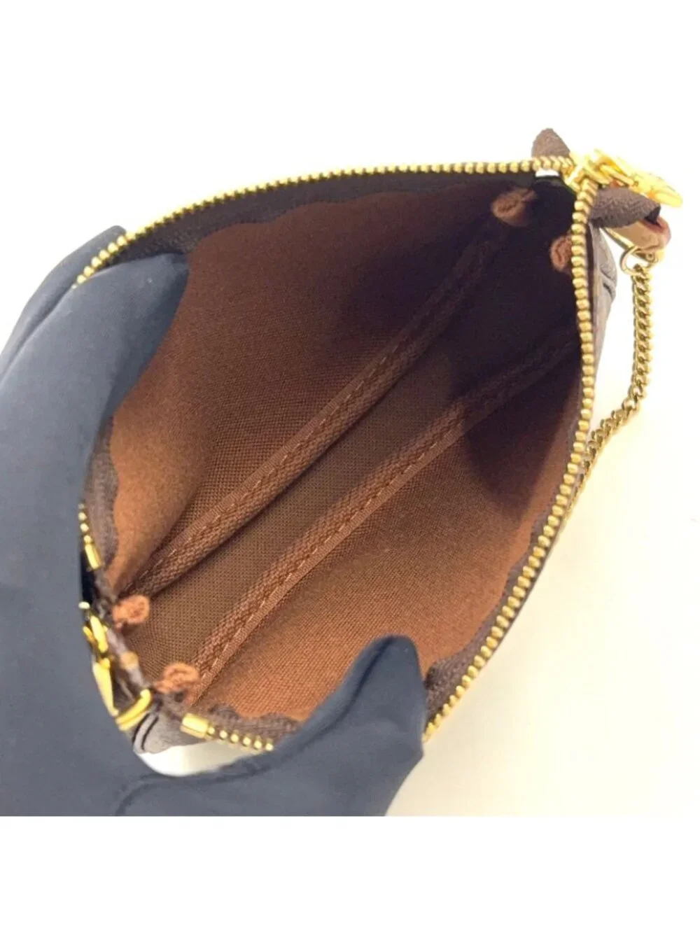 Louis Vuitton Mini Pochette Accessoires Monogram Leather Brown Handbag Gold